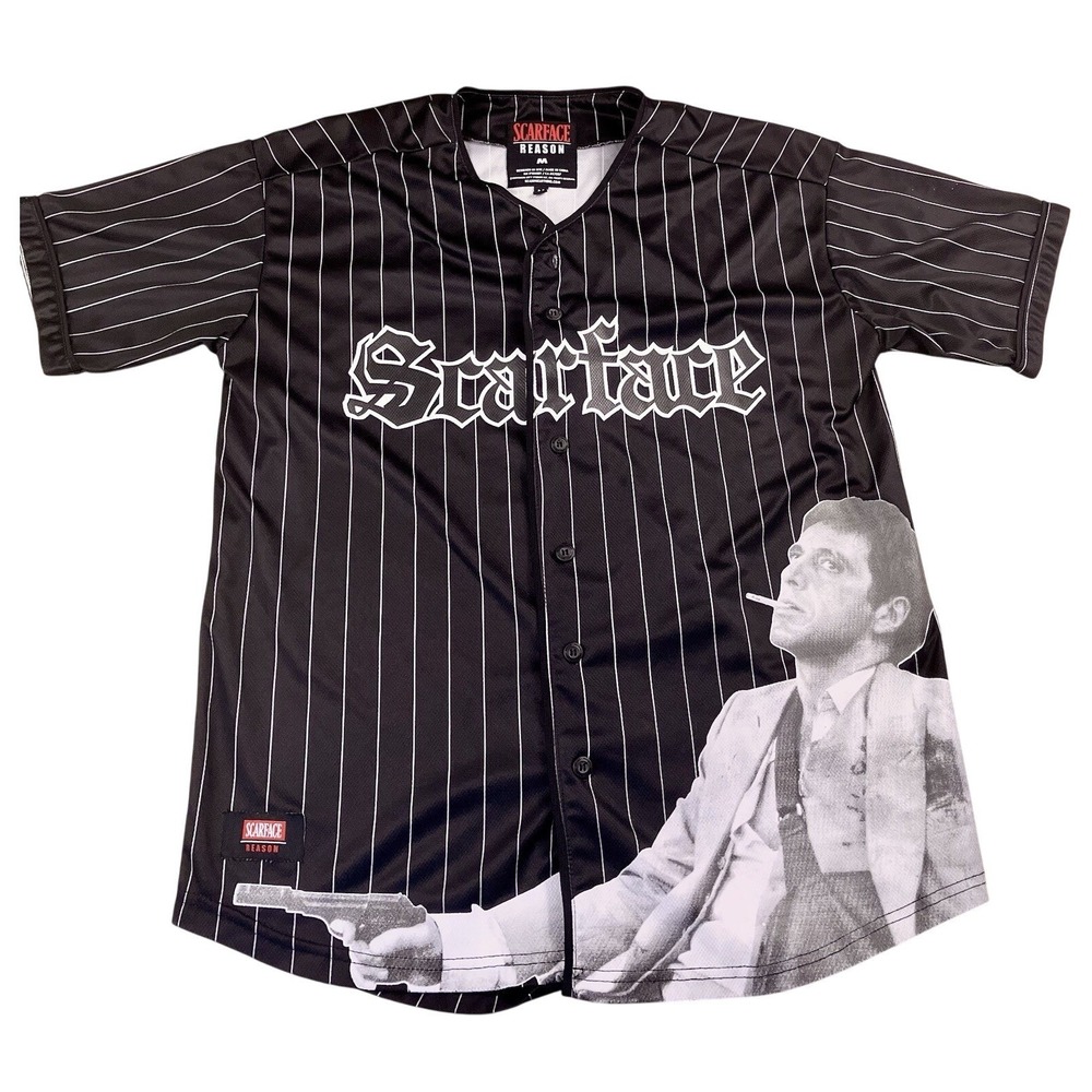 Scarface Reason Baseball Jersey Pinstripe Tony Montana Graphic Button Up M